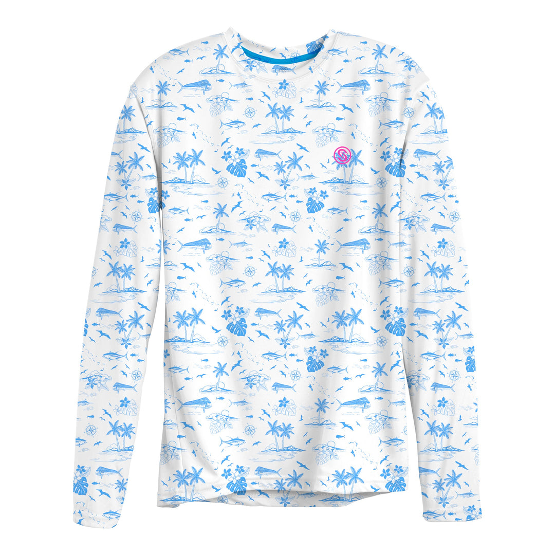 White long sleeve performance tee by Scalesgear.com with "Never A Tourist" text, shown on a flat lay with folded fabric.
