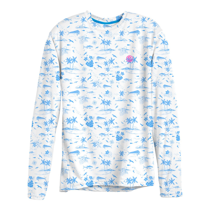 White long sleeve performance tee by Scalesgear.com with "Never A Tourist" text, shown on a flat lay with folded fabric.