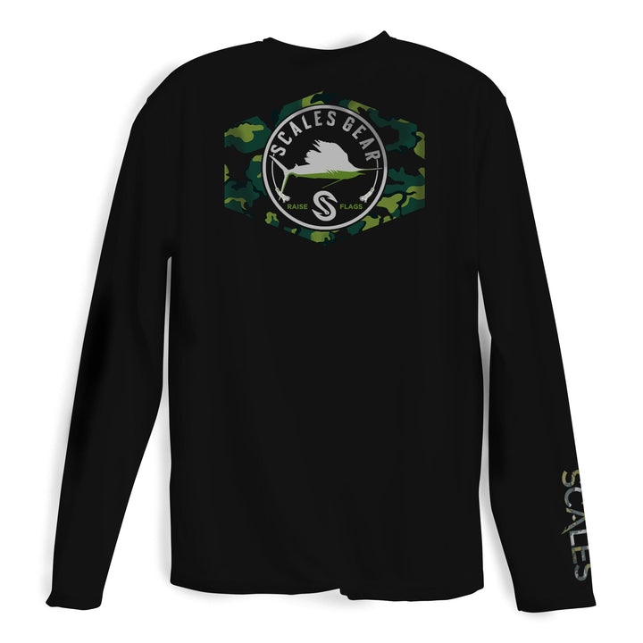 Black Sail Camo long sleeve performance tee by Scalesgear.com with breathable fabric and tactical design.
