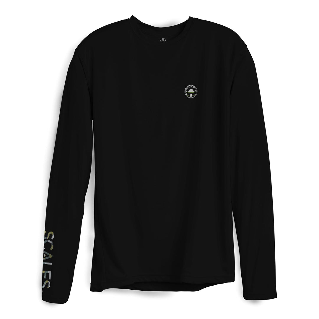 Black Sail Camo long sleeve performance tee by Scalesgear.com, featuring a sleek camo pattern and comfortable fit.
