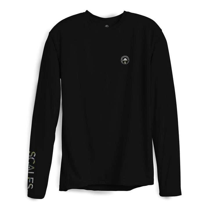Black Sail Camo long sleeve performance tee by Scalesgear.com, featuring a sleek camo pattern and comfortable fit.