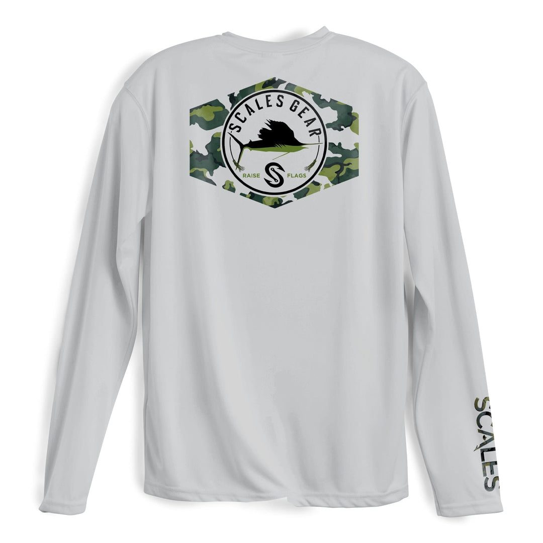 Grey Sail Camo long sleeve performance tee by Scalesgear.com featuring a comfortable, lightweight fabric with a camouflage pattern.