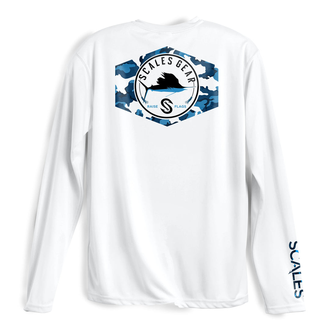 White Sail Camo long sleeve performance tee by Scalesgear.com, featuring camouflage pattern and moisture-wicking fabric.