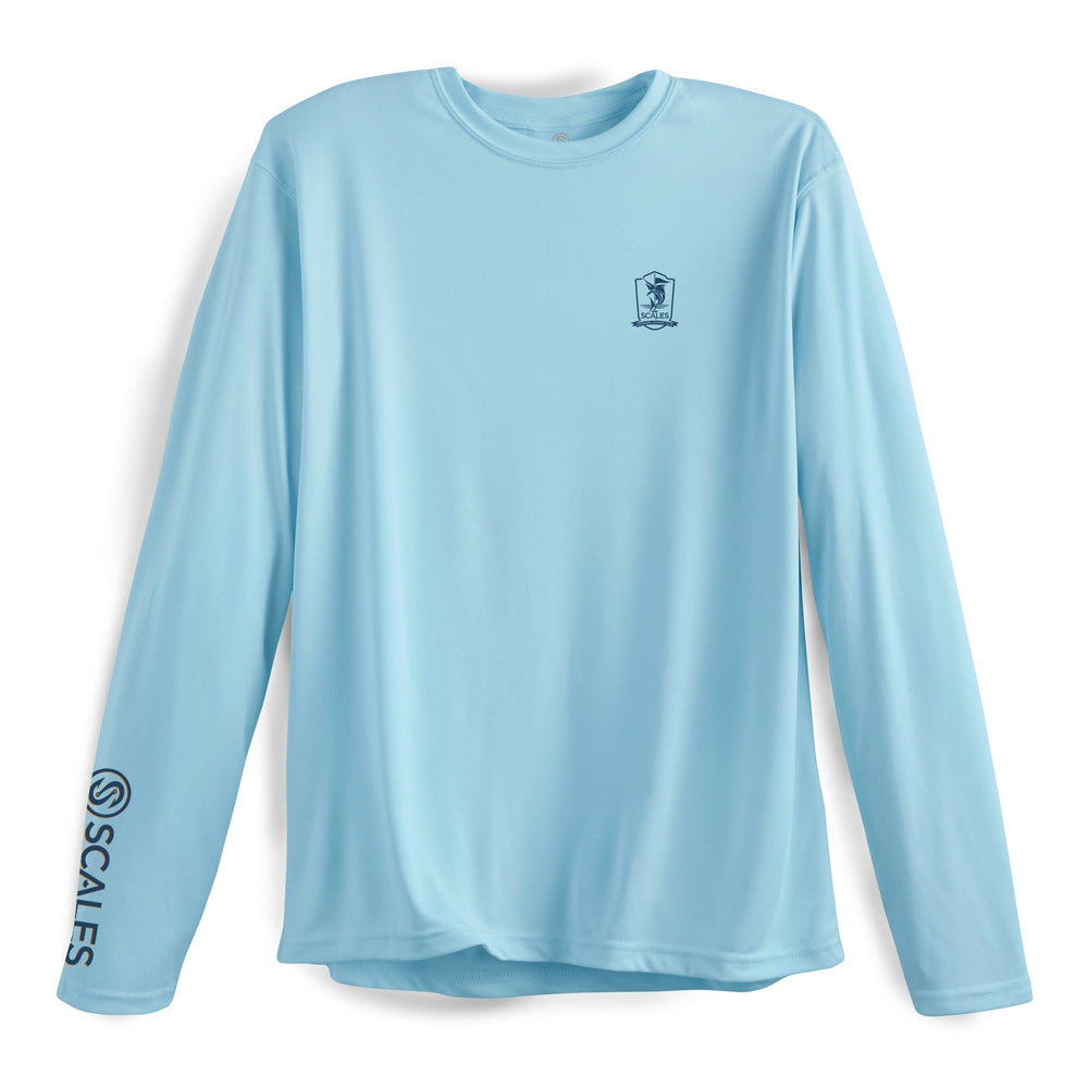 Light blue long sleeve performance tee by Scalesgear.com, designed for active sports and athletic wear.