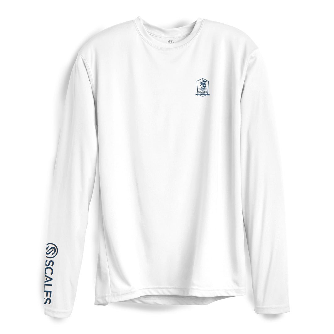 White Sporty Club long sleeve performance tee by Scalesgear.com, featuring a comfortable fit and athletic design.
