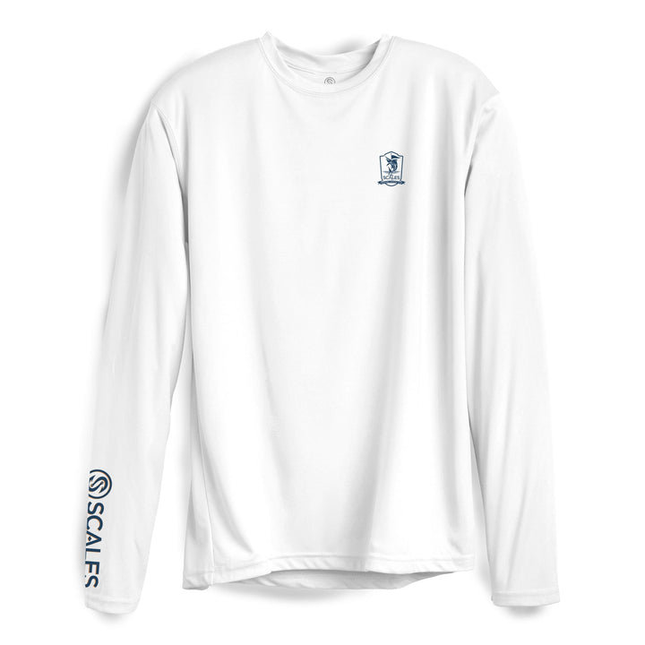 White Sporty Club long sleeve performance tee by Scalesgear.com, featuring a comfortable fit and athletic design.