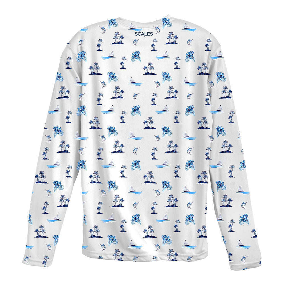 White long sleeve performance tee by Scalesgear.com, sporty design with breathable fabric for active wear.