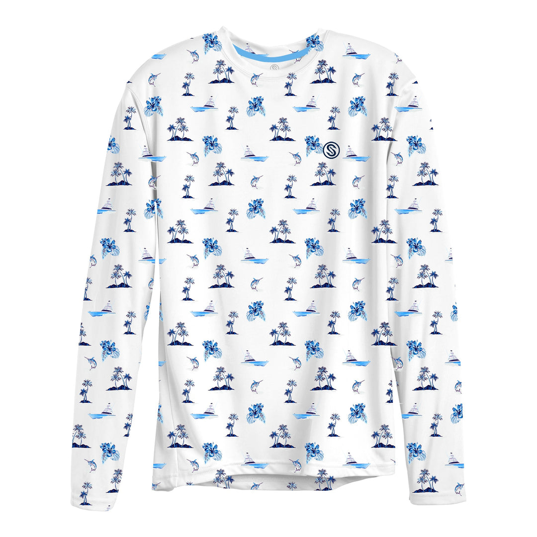 White long sleeve performance tee by Scalesgear.com, sporty design with breathable fabric and athletic fit.