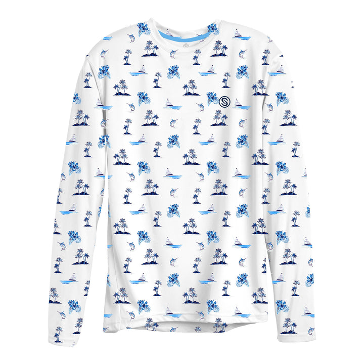 White long sleeve performance tee by Scalesgear.com, sporty design with breathable fabric and athletic fit.