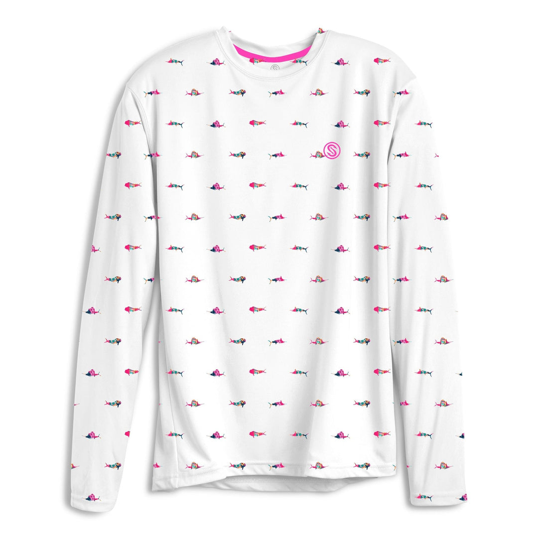 White long sleeve performance tee featuring trippy fish design by Scalesgear.com, casual and comfortable for active wear.