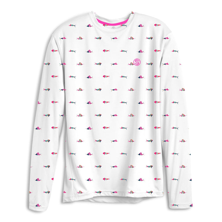 White long sleeve performance tee featuring trippy fish design by Scalesgear.com, casual and comfortable for active wear.