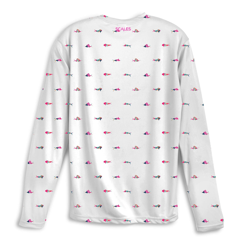 White long sleeve performance tee featuring a trippy fish graphic from Scalesgear.com, designed for comfort and style.