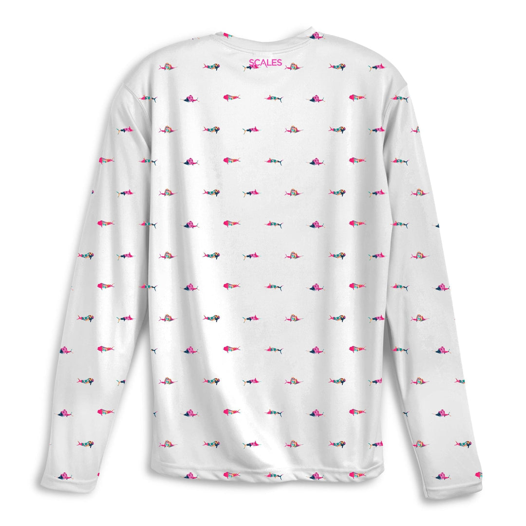 White long sleeve performance tee featuring a trippy fish graphic from Scalesgear.com, designed for comfort and style.