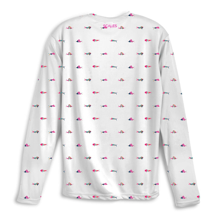 White long sleeve performance tee featuring a trippy fish graphic from Scalesgear.com, designed for comfort and style.