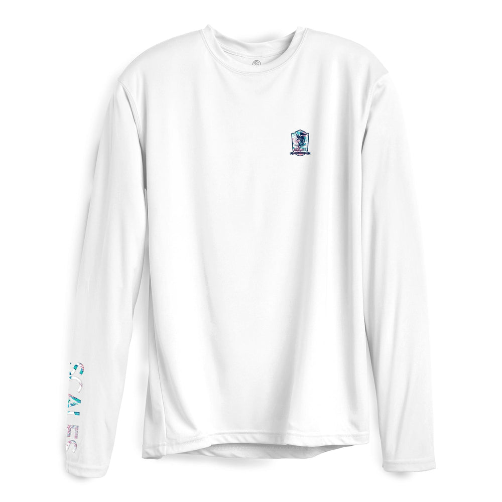 White Tropical Country Club LS Performance Tee by Scalesgear.com, long sleeve shirt with tropical print and performance fabric.