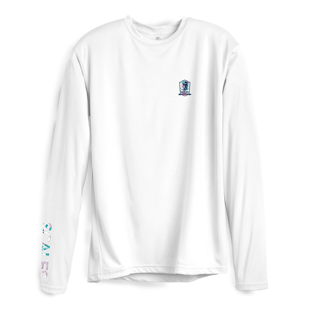 White Tropical Country Club LS Performance Tee by Scalesgear.com, long sleeve shirt with tropical print and performance fabric.