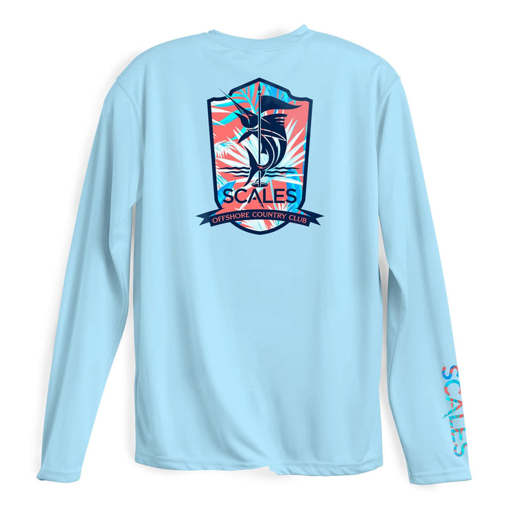 Long sleeve performance tee in light blue from Scalesgear's Tropical Country Club LS collection, featuring breathable fabric and tropical design.