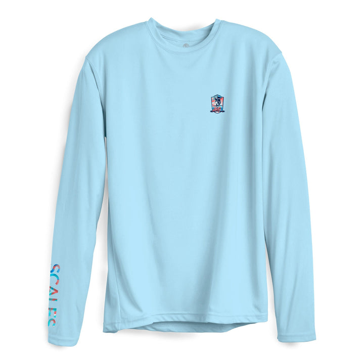 Blue long sleeve performance tee from Scalesgear's Tropical Country Club LS Performance collection, featuring a comfortable fit and athletic style.