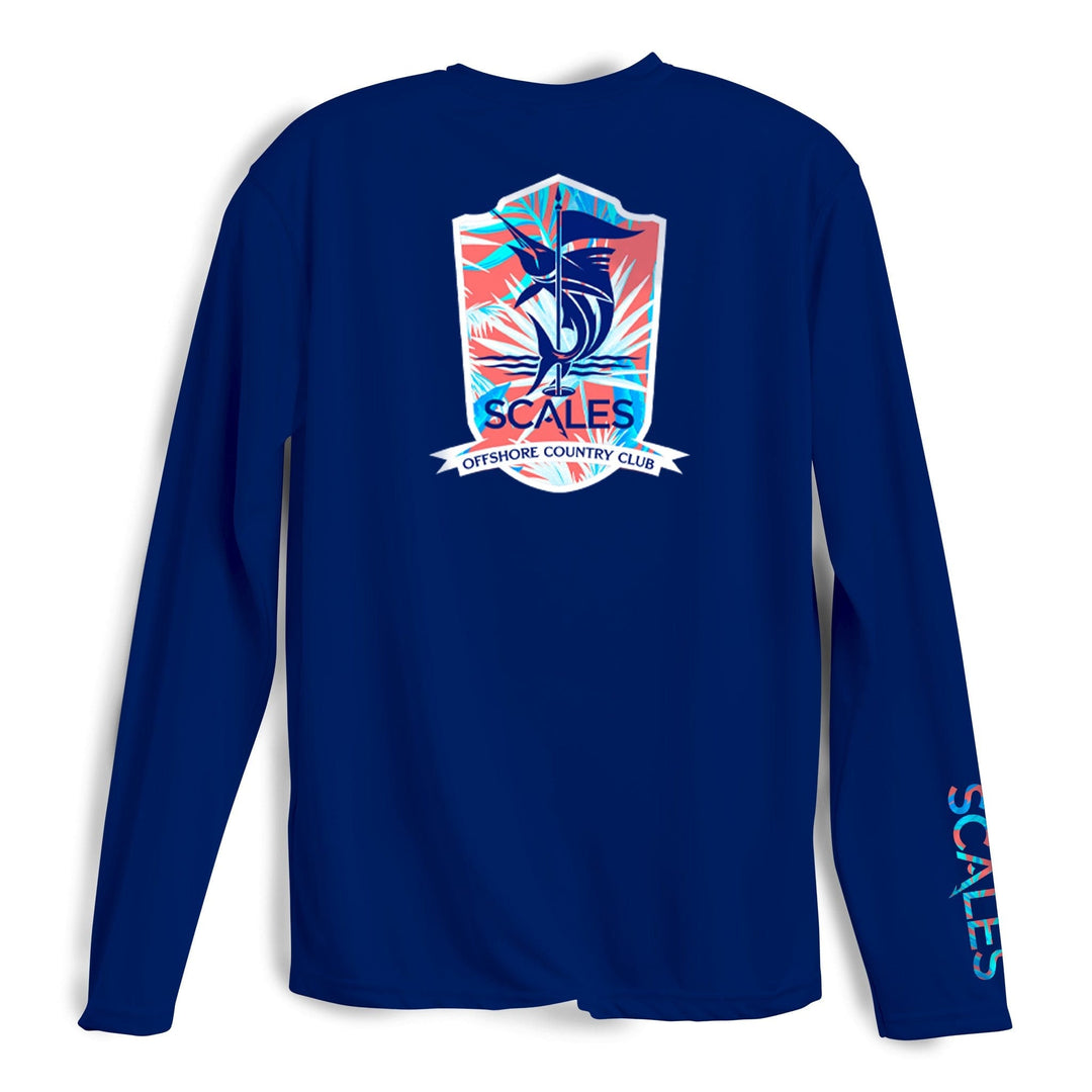 Marine tropical country club long sleeve performance tee by Scalesgear with vibrant tropical print and comfortable fit.