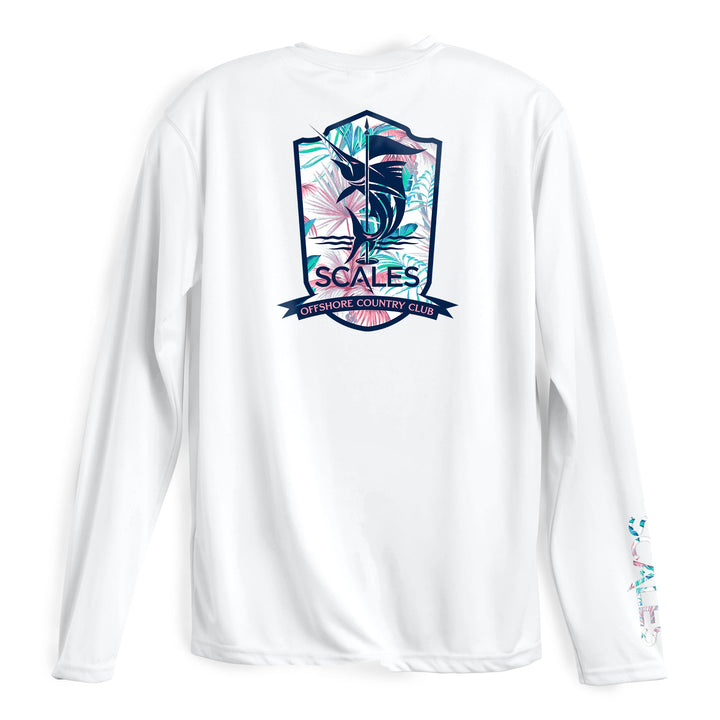 White Tropical Country Club LS Performance tee by Scalesgear.com with a long sleeve design and tropical-themed graphics.