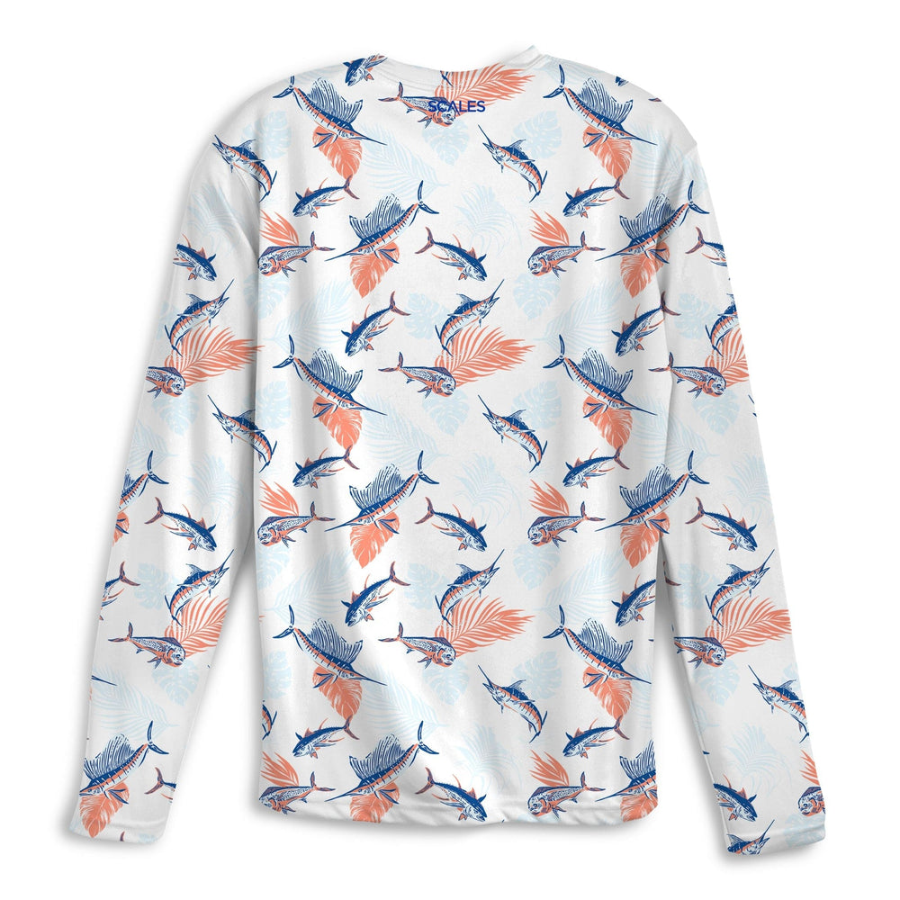 White Tropical Slam LS Performance Long Sleeve Tee by Scalesgear.com, featuring tropical print and athletic fit.