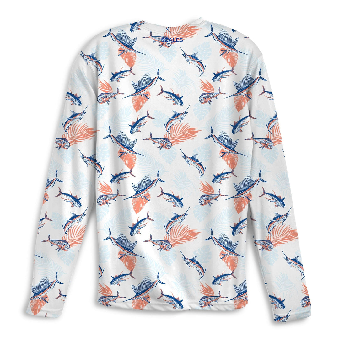 White Tropical Slam LS Performance Long Sleeve Tee by Scalesgear.com, featuring tropical print and athletic fit.
