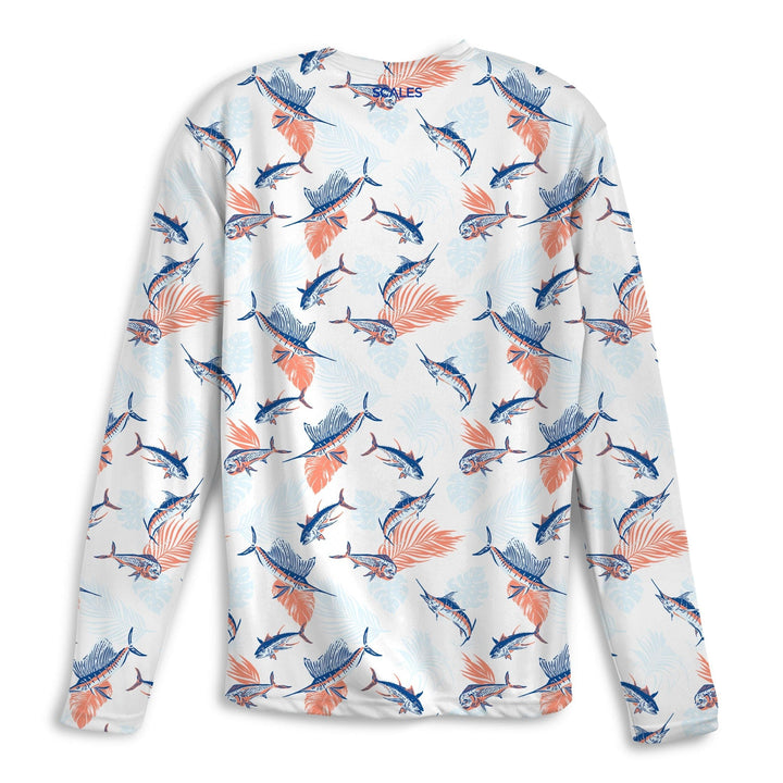 White Tropical Slam LS Performance Long Sleeve Tee by Scalesgear.com, featuring tropical print and athletic fit.