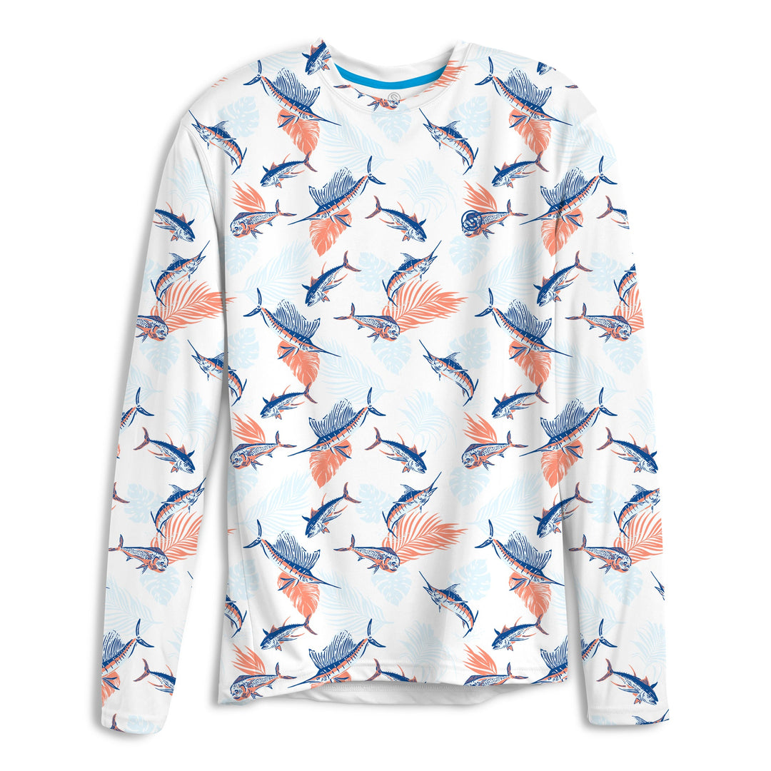 White Tropical Slam LS Performance long sleeve tee by Scalesgear.com, featuring tropical print and athletic fit.