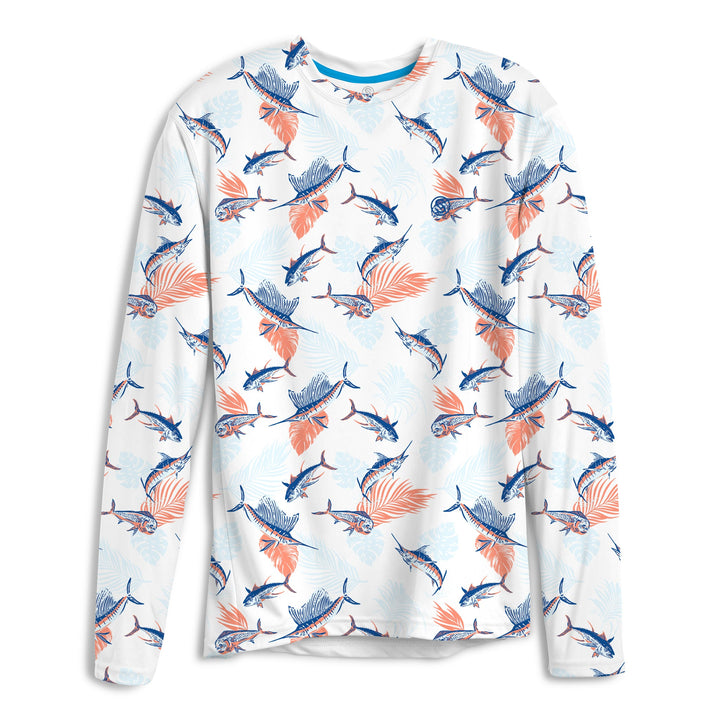White Tropical Slam LS Performance long sleeve tee by Scalesgear.com, featuring tropical print and athletic fit.