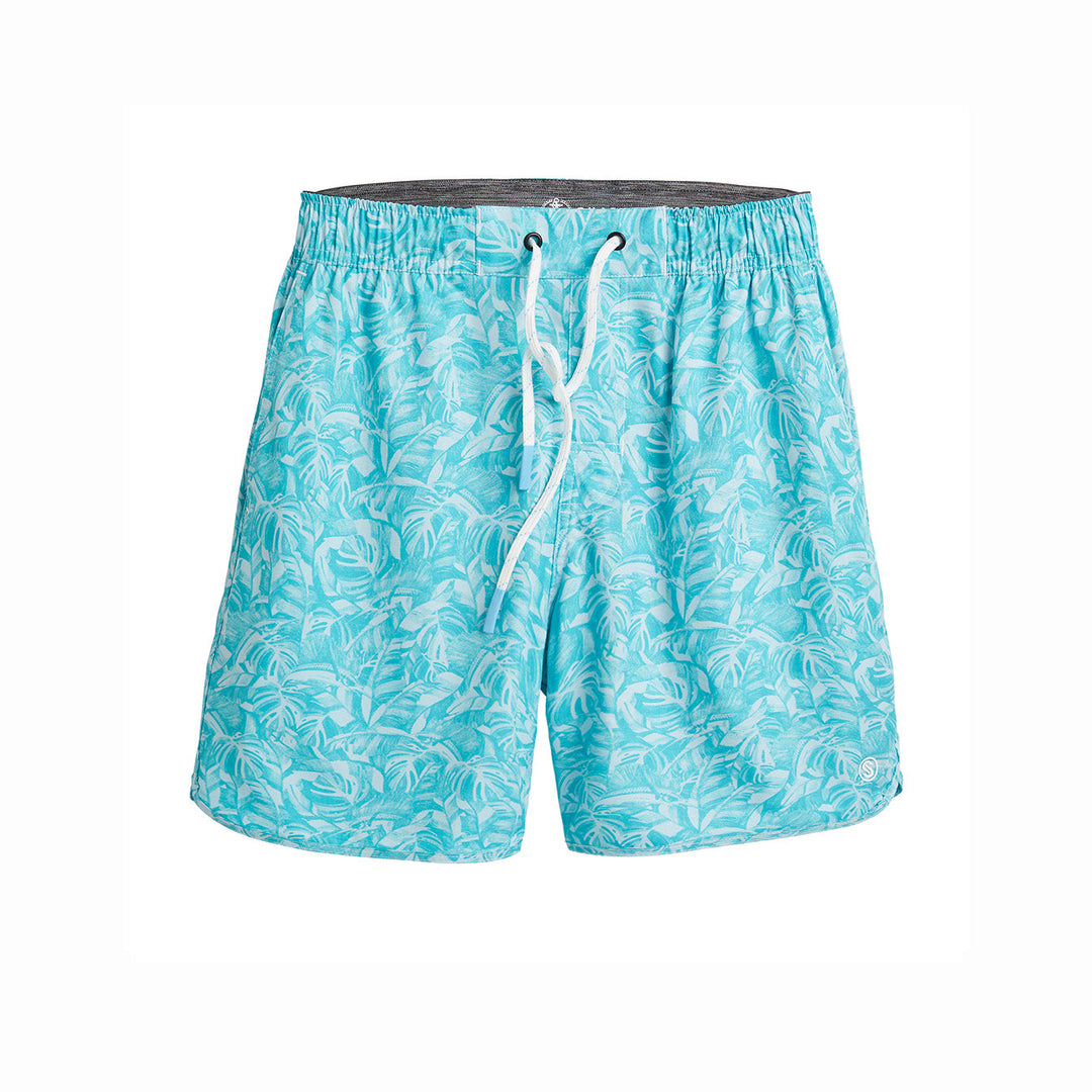 Aqua jungle sail captain snacks volleys shorts from Scalesgear.com, featuring vibrant jungle and sailboat print on lightweight fabric.