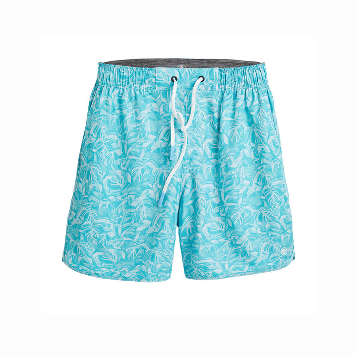 Aqua jungle sail captain snacks volleys shorts from Scalesgear.com, featuring vibrant jungle and sailboat print on lightweight fabric.