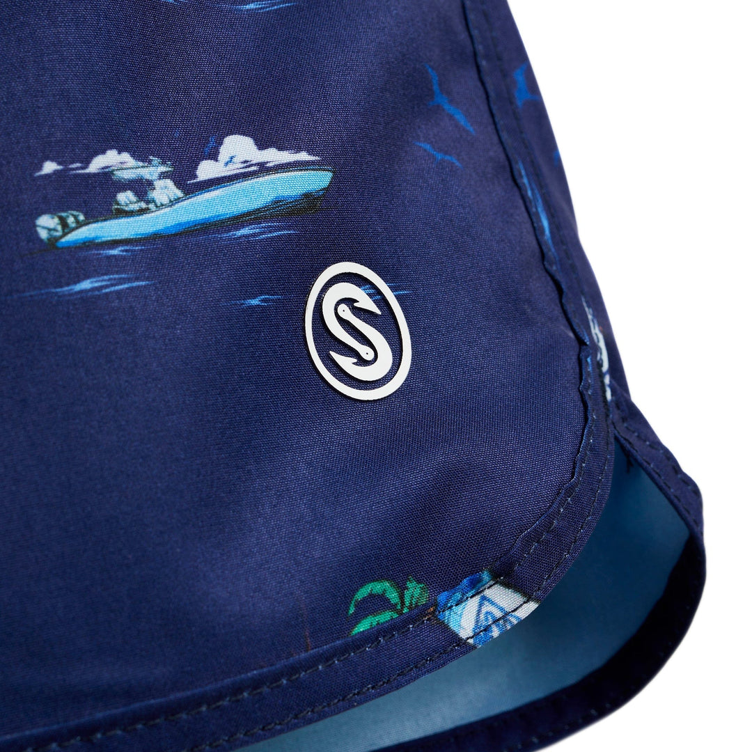 Royal blue Booze Cruz Captain Snacks Volleys shorts by Scalesgear.com, featuring a casual athletic design and comfortable fit.