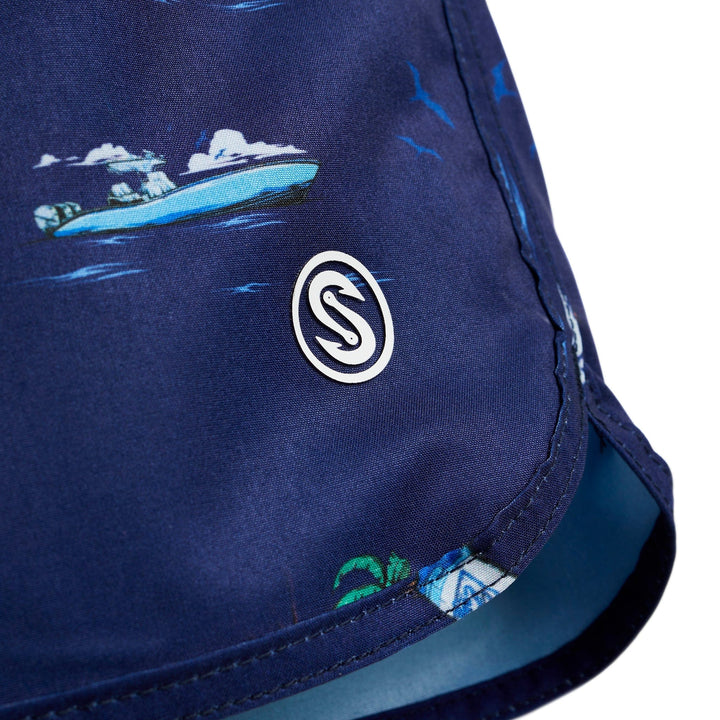 Royal blue Booze Cruz Captain Snacks Volleys shorts by Scalesgear.com, featuring a casual athletic design and comfortable fit.