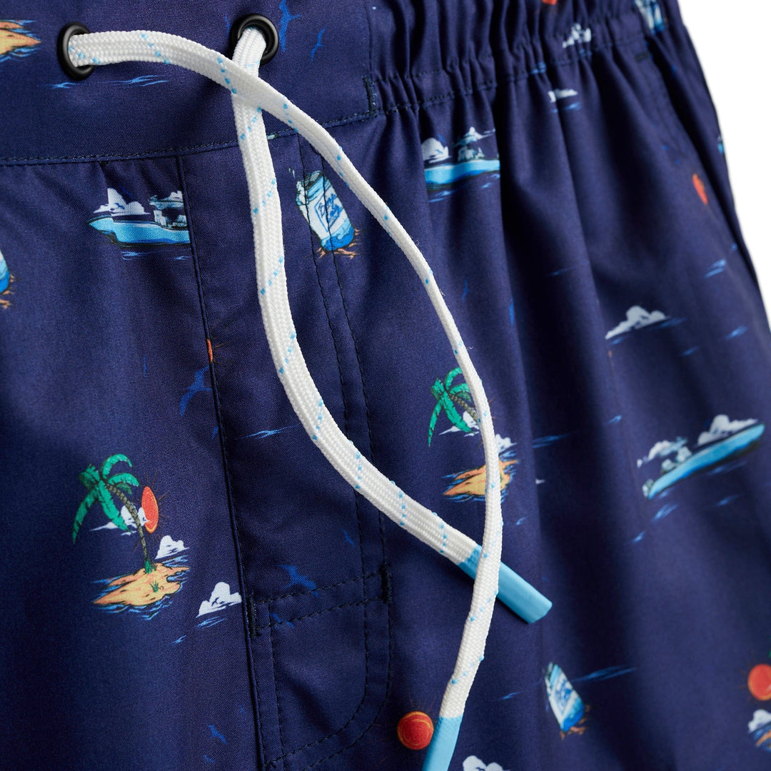 Royal blue Booze Cruz Captain Snacks Volleys shorts by Scalesgear.com, featuring a sporty design and comfortable fit.