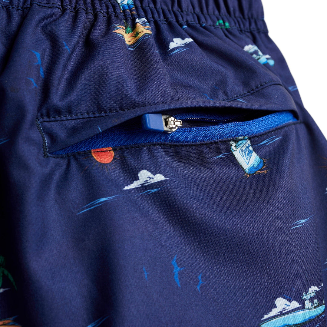 Royal blue Booze Cruz Captain Snacks Volleys shorts by Scalesgear.com, showcasing a comfortable fit and stylish design.