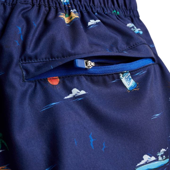 Royal blue Booze Cruz Captain Snacks Volleys shorts by Scalesgear.com, showcasing a comfortable fit and stylish design.