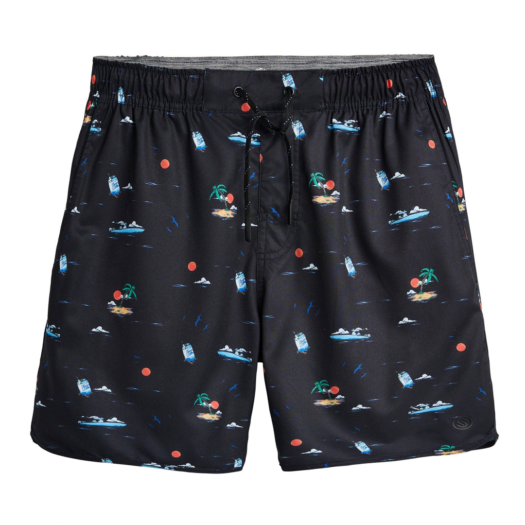 Black Booze Cruz Captain Snacks Volleys shorts by Scalesgear.com with a casual fit and sporty design, detailed fabric close-up.