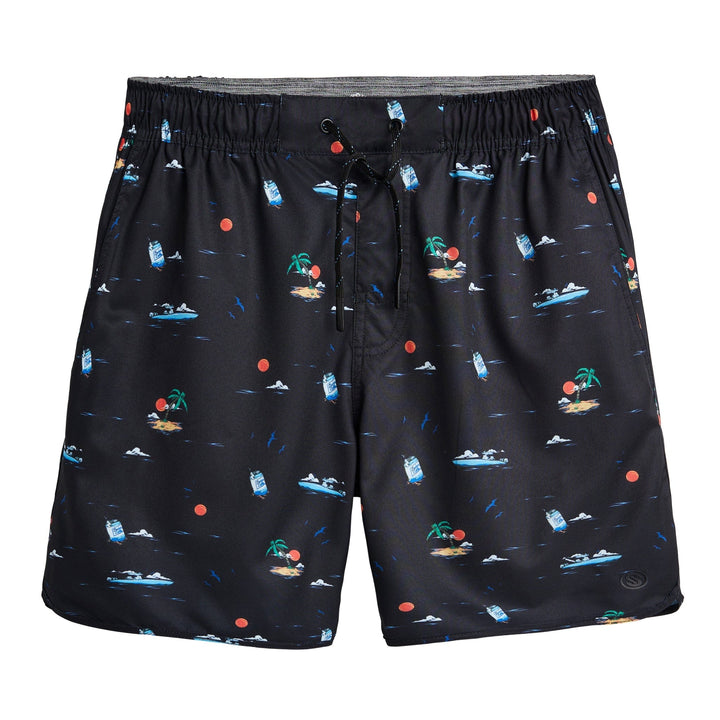 Black Booze Cruz Captain Snacks Volleys shorts by Scalesgear.com with a casual fit and sporty design, detailed fabric close-up.