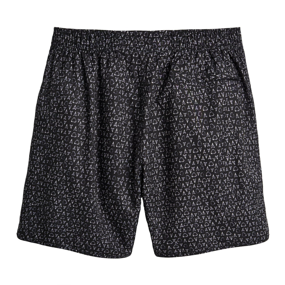 Black Jaws Captain Snacks Volleys shorts by Scalesgear.com displayed on a hanger with a focus on the product details.