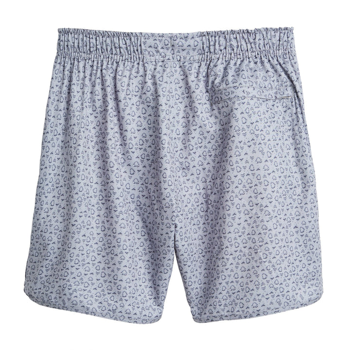 Grey Jaws Captain Snacks Volleys shorts by Scalesgear.com, featuring a comfortable fit and detailed Jaws-themed graphic design.