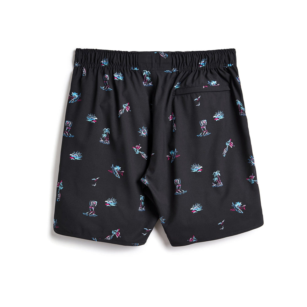 Black Surf & Slay Captain Snacks Volleys shorts by Scalesgear.com, showing a relaxed fit and sporty design.