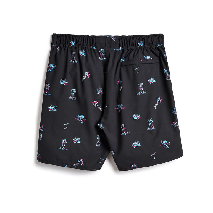 Black Surf & Slay Captain Snacks Volleys shorts by Scalesgear.com, showing a relaxed fit and sporty design.