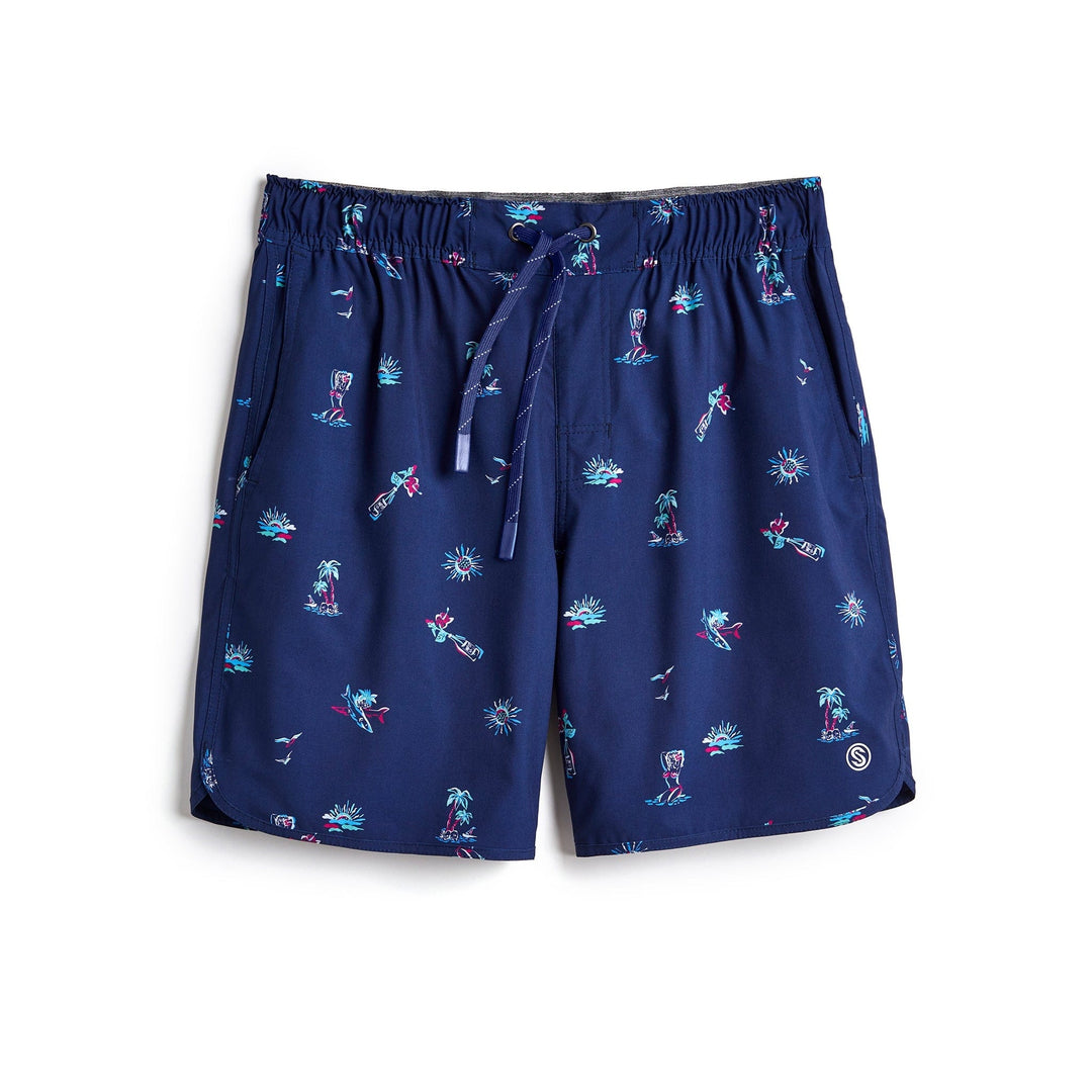 Navy Surf & Slay Captain Snacks Volleys shorts by Scalesgear.com, casual athletic shorts with stylish design and comfortable fit.