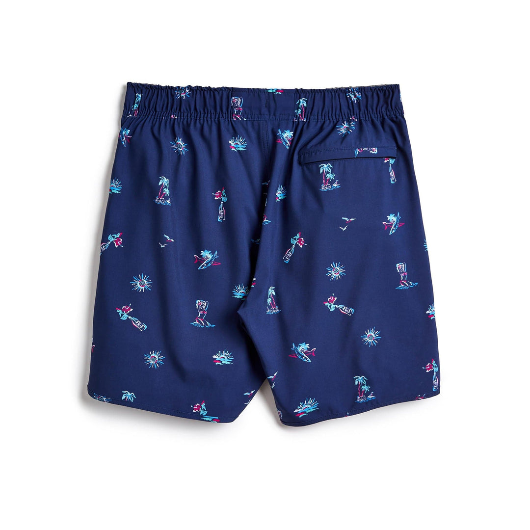 Men's navy Surf & Slay Captain Snacks Volleys shorts, casual athletic swimwear by Scalesgear.com, featuring a relaxed fit and surf-inspired design.