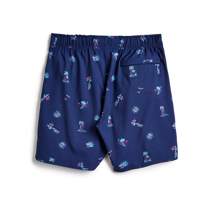 Men's navy Surf & Slay Captain Snacks Volleys shorts, casual athletic swimwear by Scalesgear.com, featuring a relaxed fit and surf-inspired design.