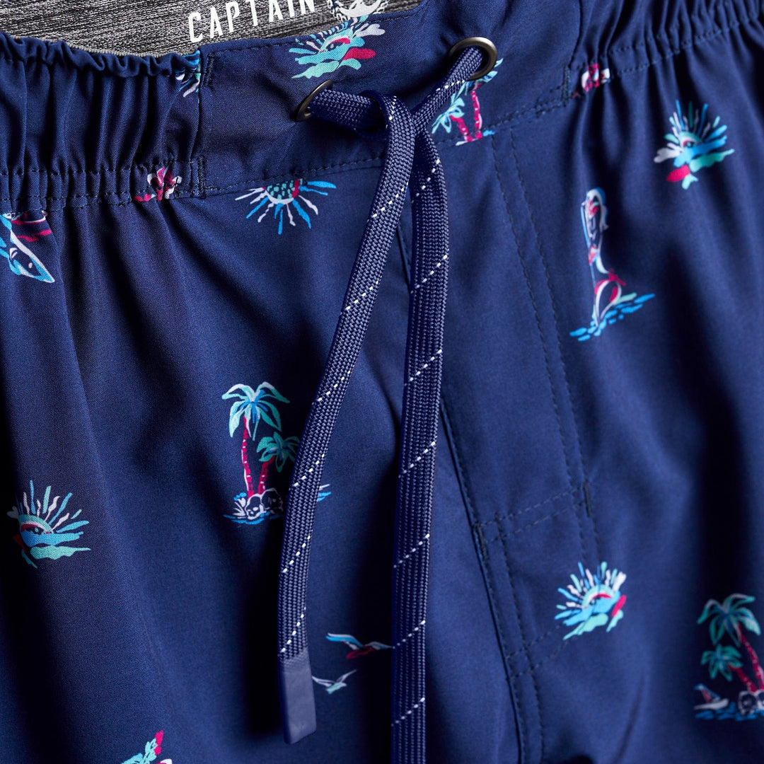 Navy Surf & Slay Captain Snacks Volleys shorts by Scalesgear.com, lightweight athletic volleyball shorts with logo detail.