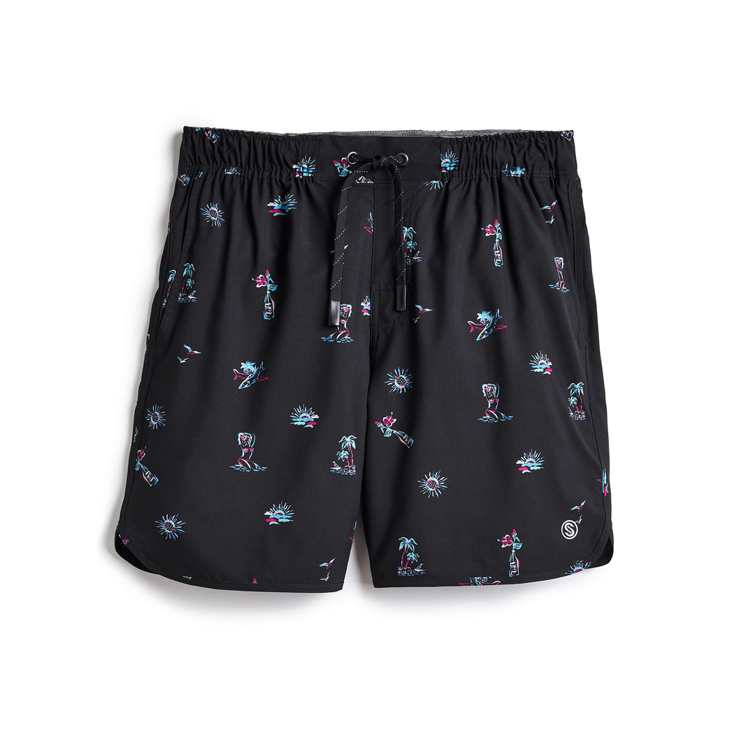 Black Surf & Slay Captain Snacks Volleys shorts by Scalesgear.com with a comfortable fit and sporty design.