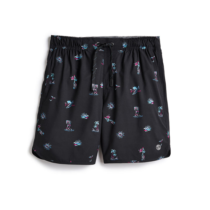 Black Surf & Slay Captain Snacks Volleys shorts by Scalesgear.com with a comfortable fit and sporty design.