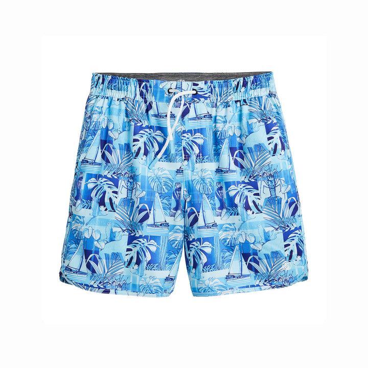 Blue FLA Living Captain Snacks Volleys shorts by Scalesgear.com with elastic waistband and volleyball-inspired design.