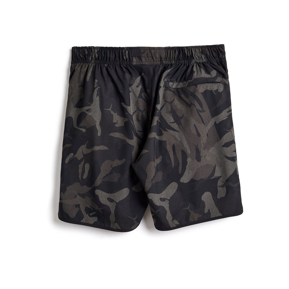 Black camouflage Frigate Camo Captain Snacks Volleys shorts by Scalesgear.com, featuring a comfortable fit and military-inspired design.